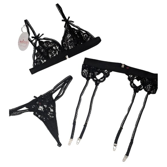 Fashion Nova Black Lace 3-Piece Lingerie Set With Heart Details Includes Bra Tho - Picture 4 of 11